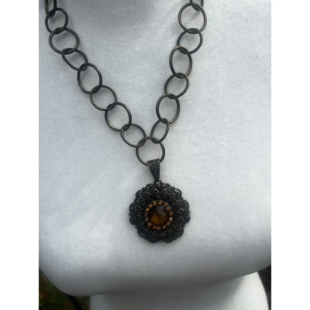Art Deco Style Antique‎ Brass Amber Glass Filigree Medallion Necklace